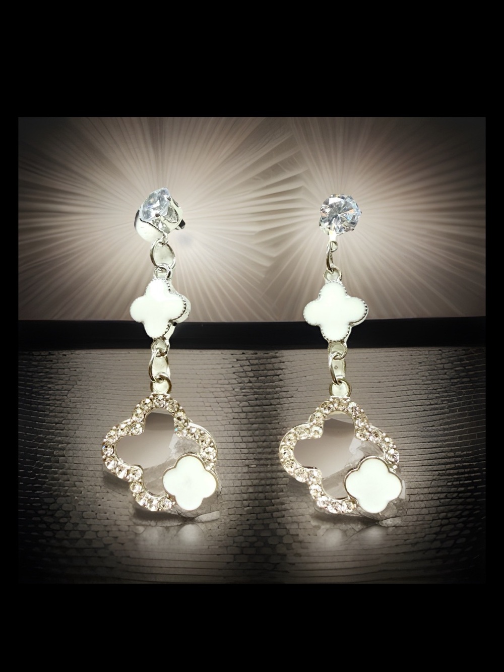 White Clover Drop Earrings with Crystal Accents